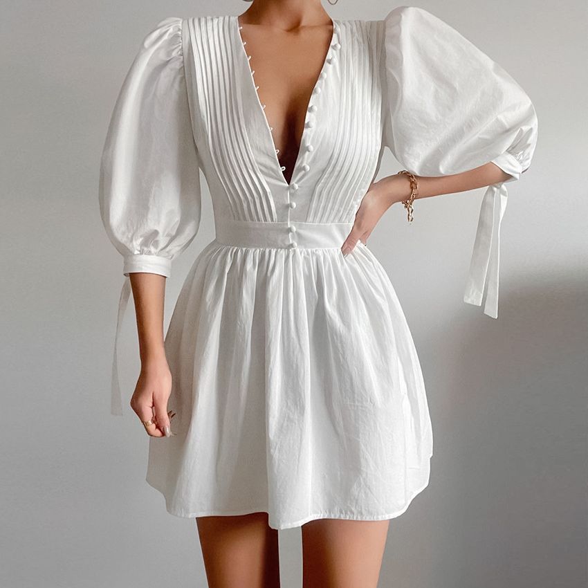 V-neck waistband white dress