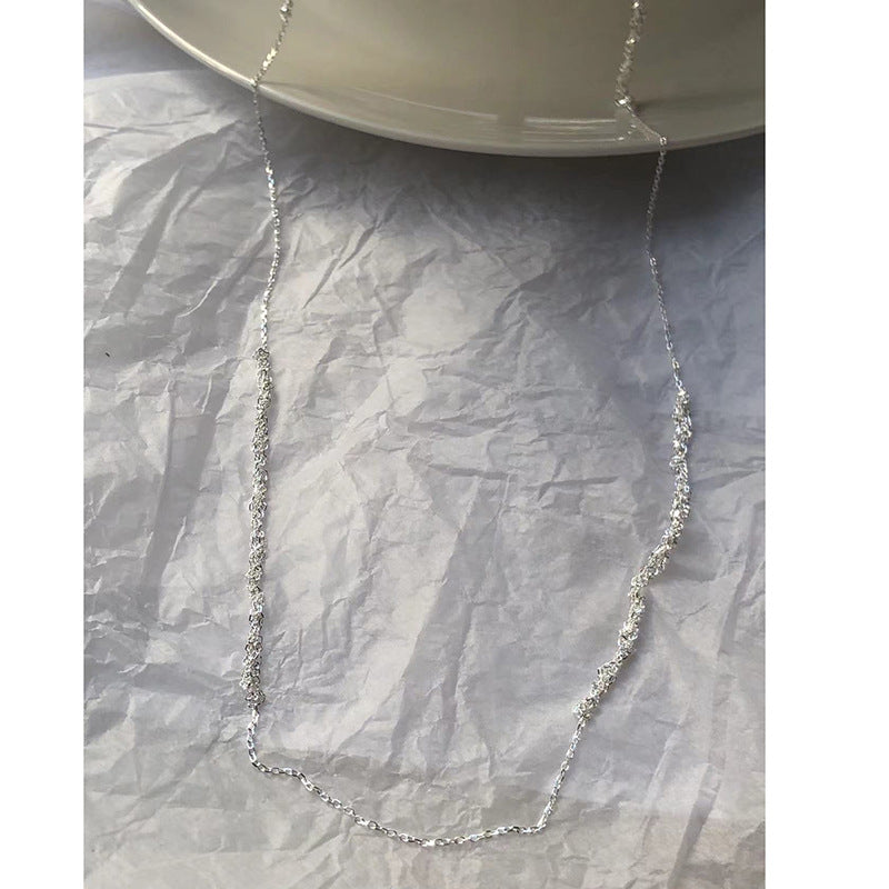 Knitted long chain silver necklace