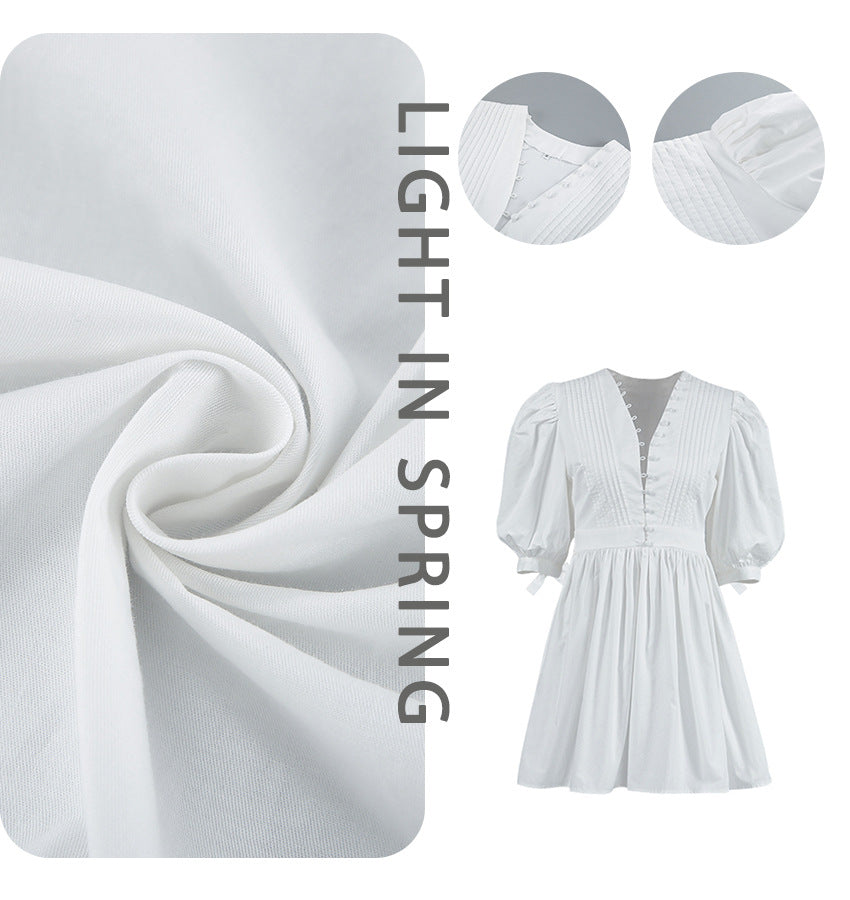 V-neck waistband white dress