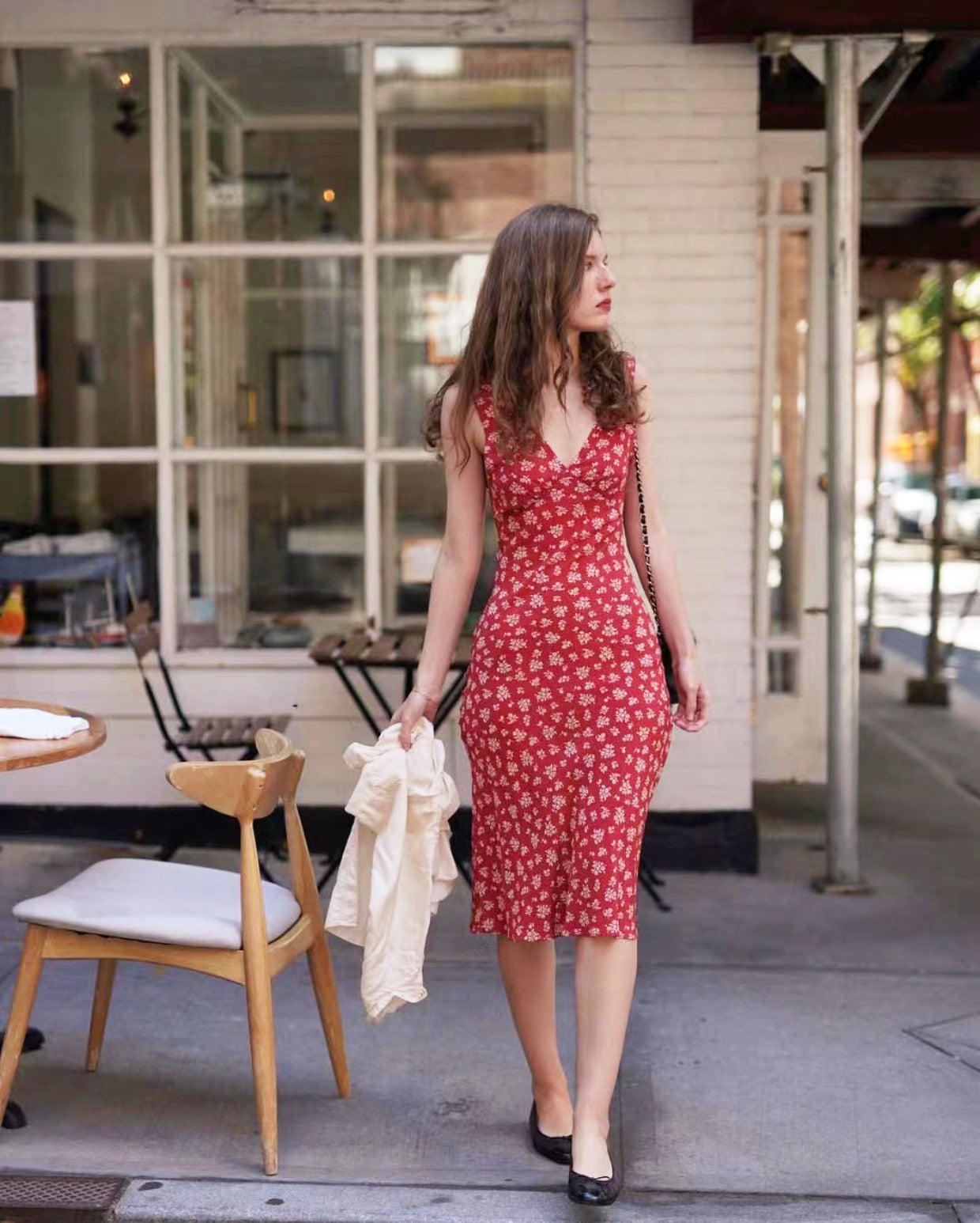 Vintage Red Dress Sexy Deep V-Neck Sandwashed Silk Slanted Sleeveless Dress