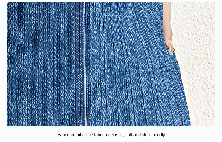 Pleated sleeveless denim long skirt