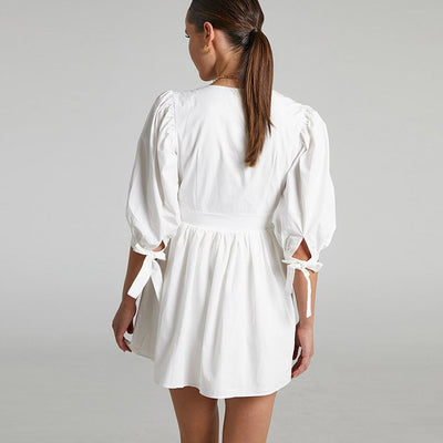 V-neck waistband white dress